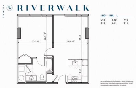 Floor plan for 1 bed, 1 bath, 736 sqft